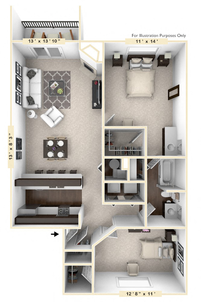 Floor plan for 2 beds, 1 bath, 974 sqft
